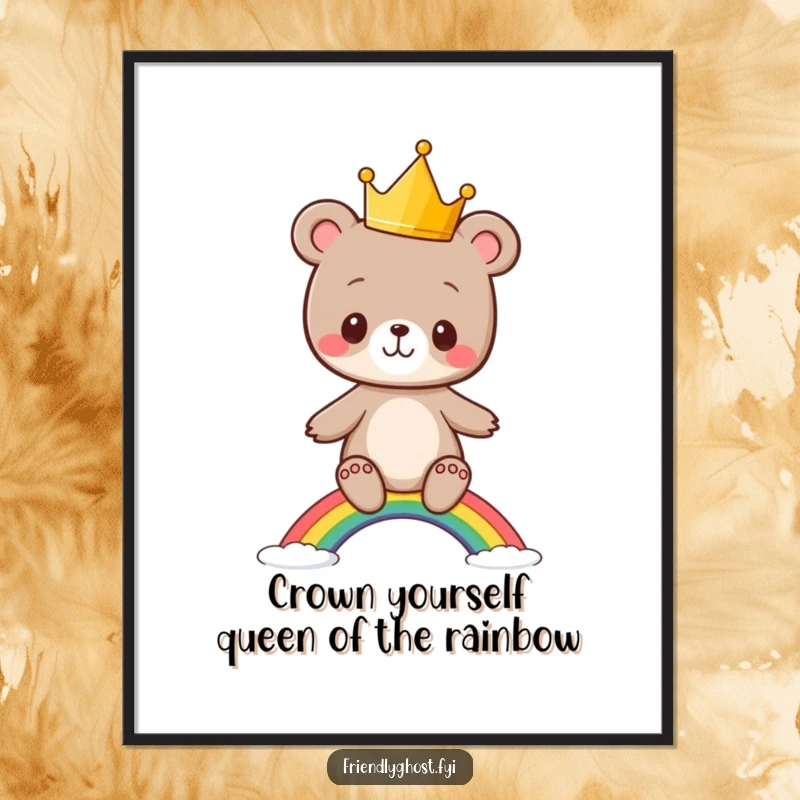 Funny Free Printable Wall Art: Playful bear cub with crown balancing on a vibrant rainbow, adding cheer.