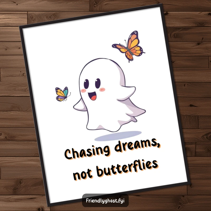 Funny Free Printable Wall Art: A cute ghost character joyfully pursuing a delicate butterfly, adding whimsical fun to any room, downloadable art.