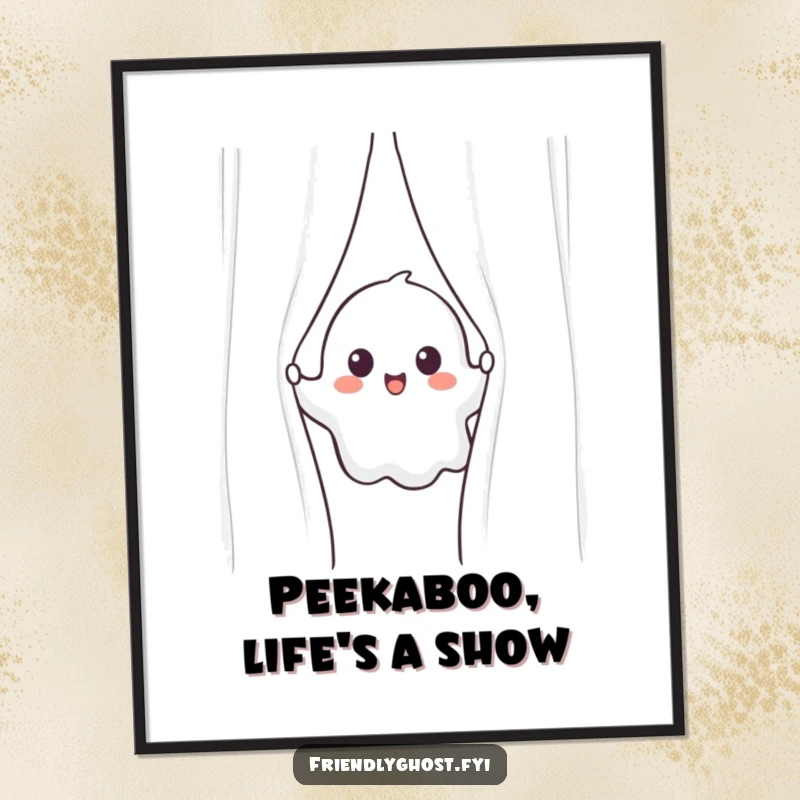 Funny Free Printable Wall Art: A curious ghost character peeks out from behind a shimmering, translucent curtain, adding a fun, mysterious vibe, downloadable art.