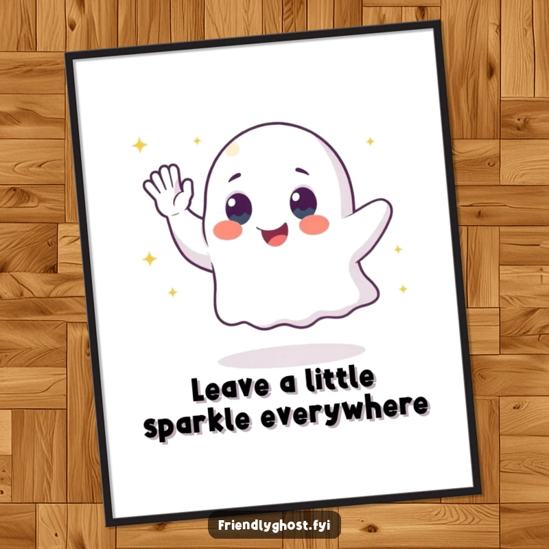 Funny Free Printable Wall Art: A friendly ghost character waves cheerfully, leaving a magical trail of shimmering dust, adding sparkle to any space, downloadable art.