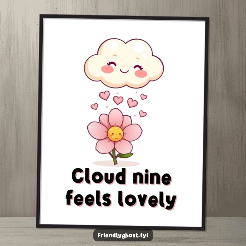 Funny Free Printable Wall Art: A cute, radiant cloud showers a flower with a cascade of tiny, glittering hearts