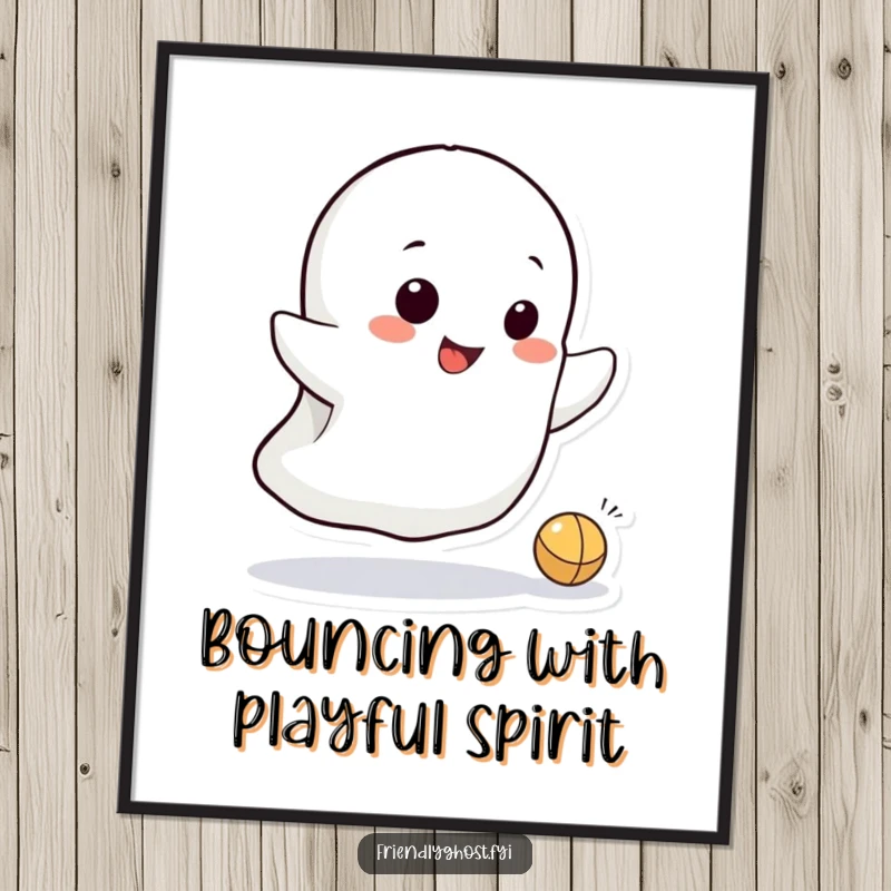 Funny Free Printable Wall Art: A small ghost with a mischievous grin playfully bounces a tiny ball, creating a whimsical and energetic scene.