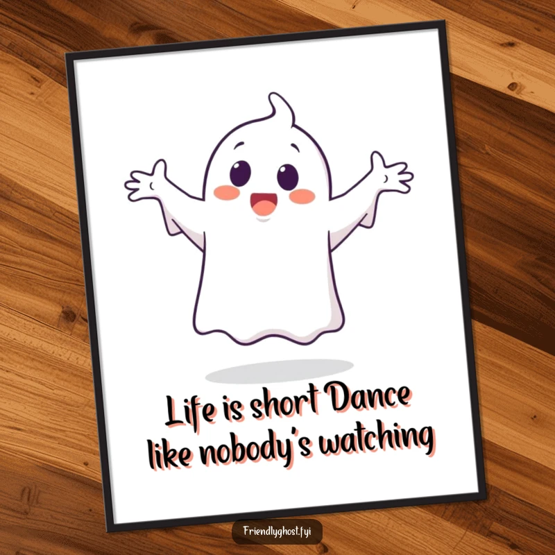 Funny free printable wall art featuring a playful ghost doing a wildly happy dance with arms spread wide.
