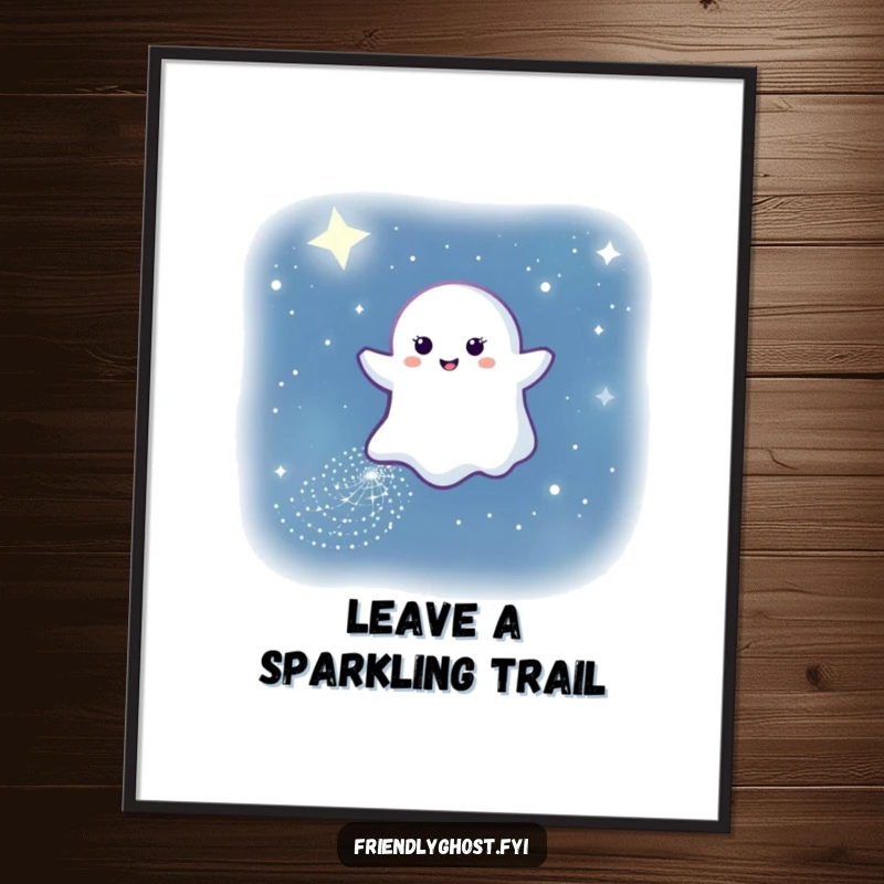 Funny Free Printable Wall Art: Gentle ghost smiling leaves sparkling path in night sky, adding magical wonder to decor.