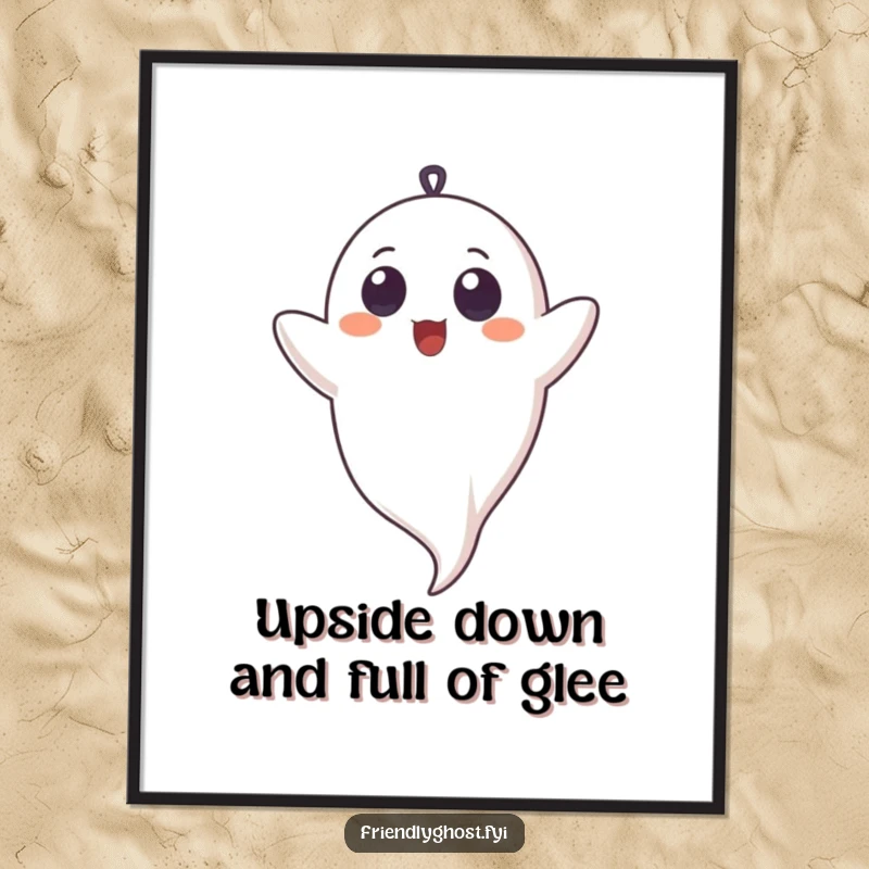Funny Free Printable Wall Art: Innocent ghost giggling upside down, adding whimsical humor to home decor.