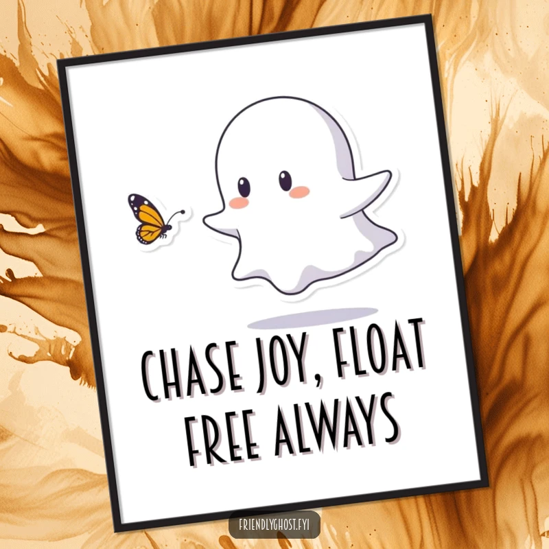 Free Printable Wall Art: Small ghost excitedly chasing a butterfly, a whimsical and joyful downloadable.