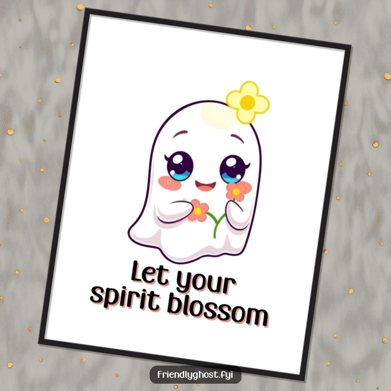 Sweet free printable wall art: Ghost with wide, happy eyes offering a glowing flower, creating a serene and happy atmosphere.