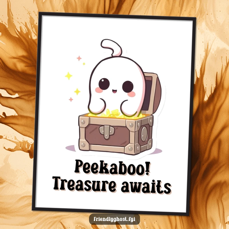 Funny Free Printable Wall Art: A curious ghost peeking into a treasure chest filled with sparkling jewels.