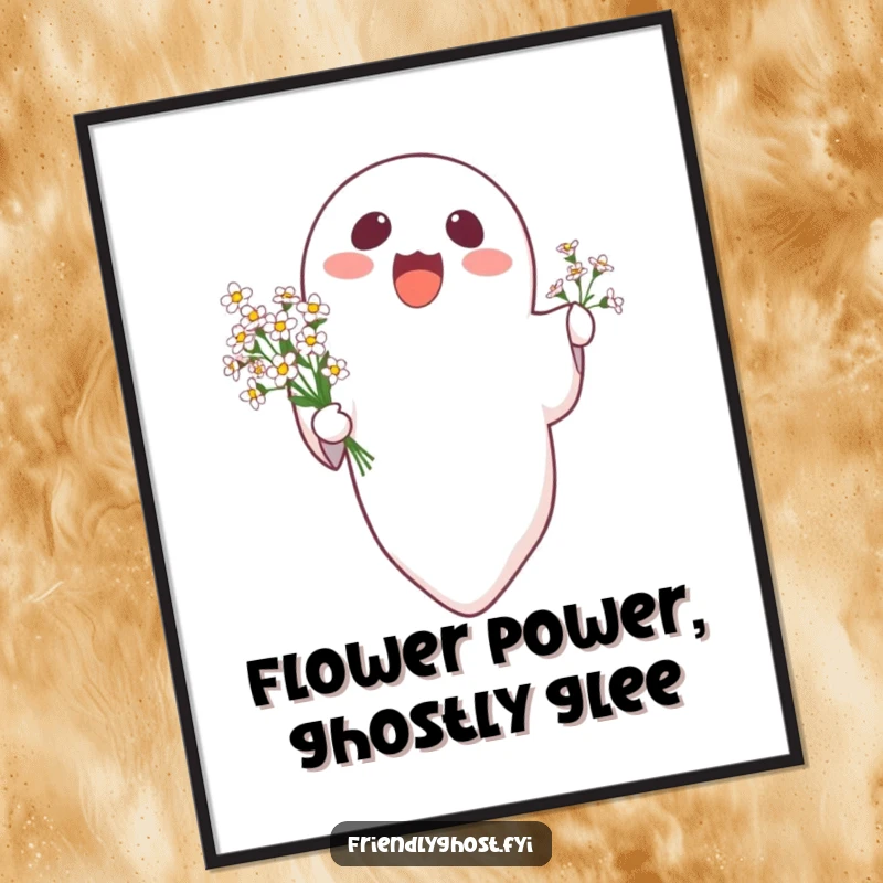 Funny Free Printable Wall Art: A delighted ghost character floating upwards carrying a bouquet of tiny flowers.