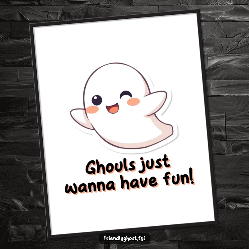 Funny Free Printable Wall Art: A cute little ghost character zipping energetically through the air with a wide, playful grin, adding fun decor.