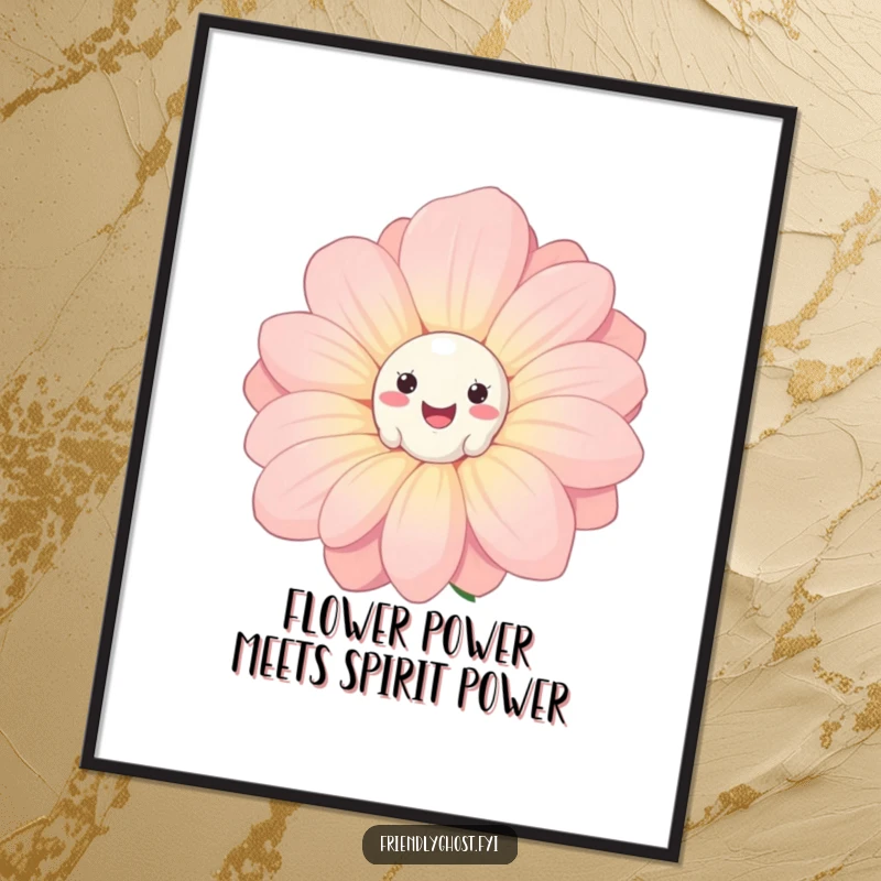 Funny free printable wall art: a shy ghost peeks from behind a giant, smiling flower.