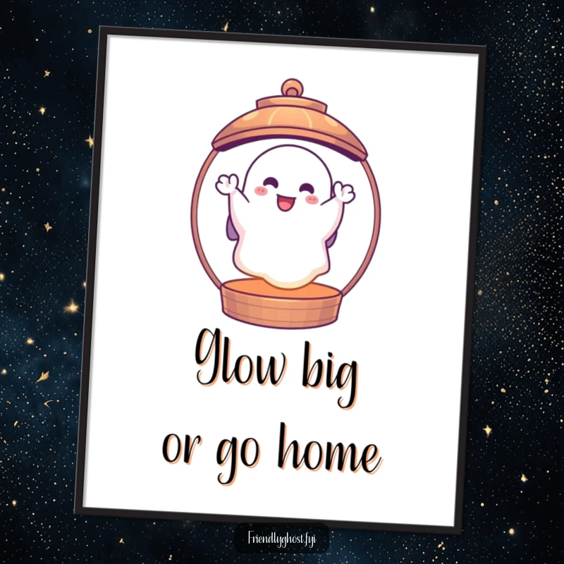Funny Free Printable Ghost Lantern wall art: a cheerful ghost waves from inside a glowing lantern, perfect for quirky home decor.