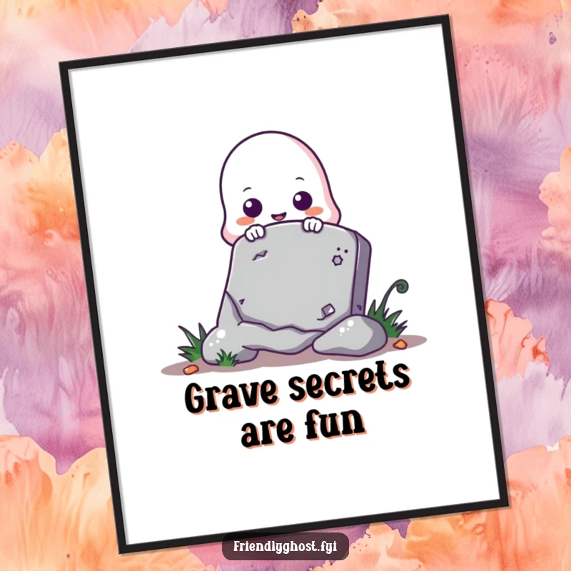 Funny Free Printable Wall Art: Cute ghost character playfully peeking from behind a tombstone, perfect for humorous Halloween decor.