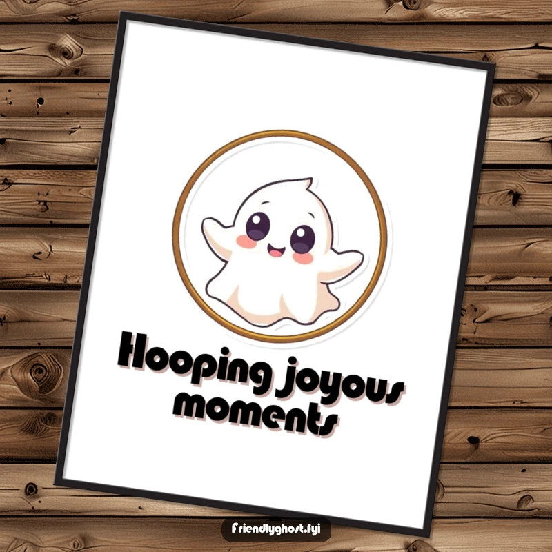 Funny Free Printable Wall Art: A giggling ghost with big eyes floats through a hoop, creating playful decor. Gymnastics art.