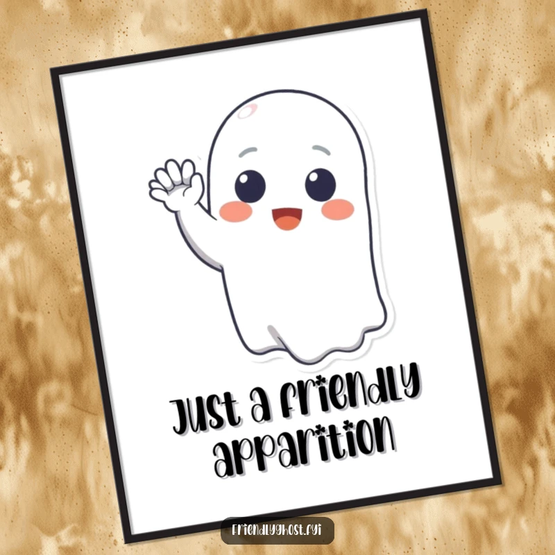 Funny Free Printable Wall Art: A smiling ghost happily waves with a friendly gesture, creating a whimsical and inviting piece of decor.
