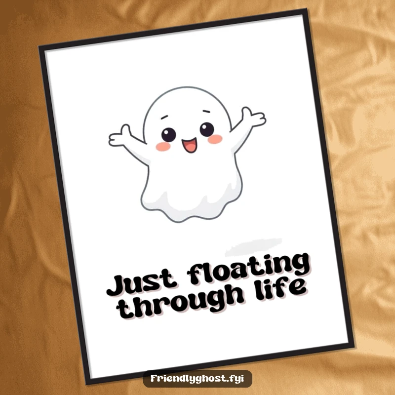 Funny Free Printable Wall Art of a small ghost character floating happily with arms outstretched.
