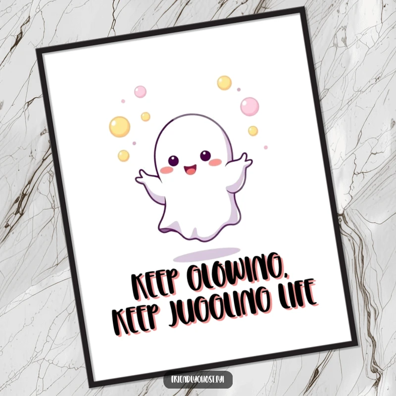Funny Free Printable Wall Art: A tiny ghost character actively juggling several small, brightly glowing orbs.