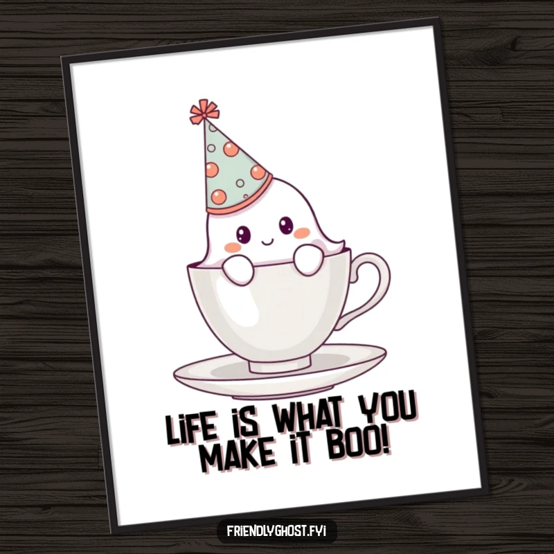 Funny Free Printable Wall Art: Shy ghost with oversized party hat peeking from teacup, a charming and humorous decor piece.