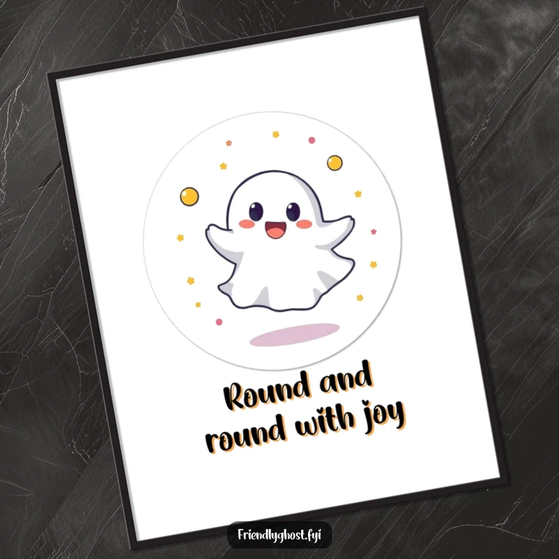 Funny Free Printable Wall Art: Round ghost spinning joyfully, adding playful and energetic charm to home decor.