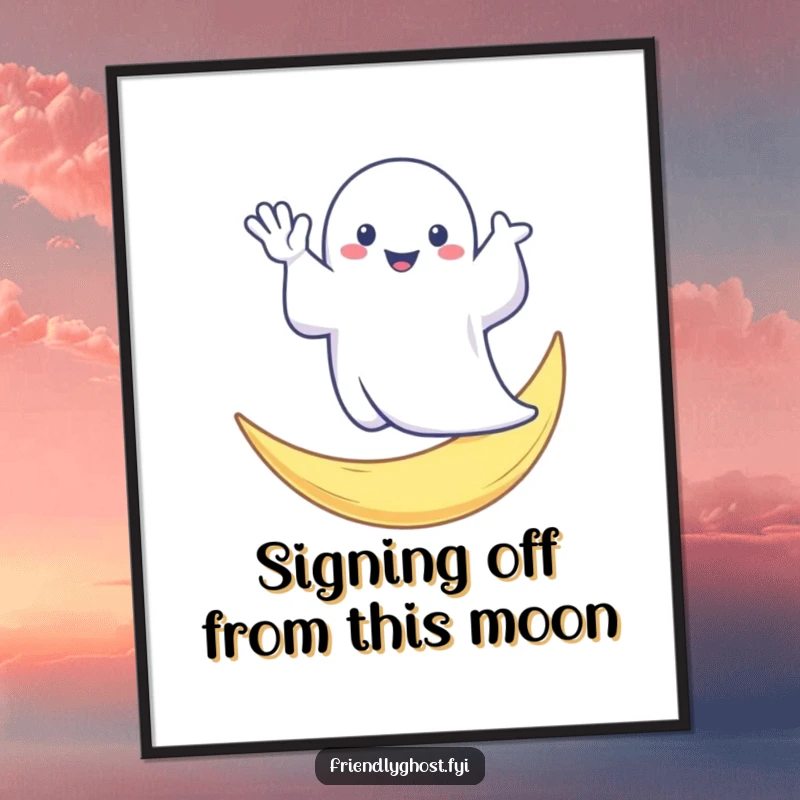 Funny Free Printable Wall Art: A whimsical ghost waves from a crescent moon, perfect for playful decor.