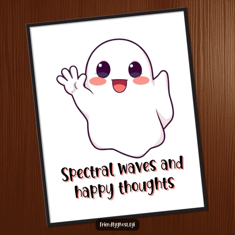 Funny Free Printable wall art featuring a cute ghost extending an enthusiastic, spectral hand in a friendly wave.