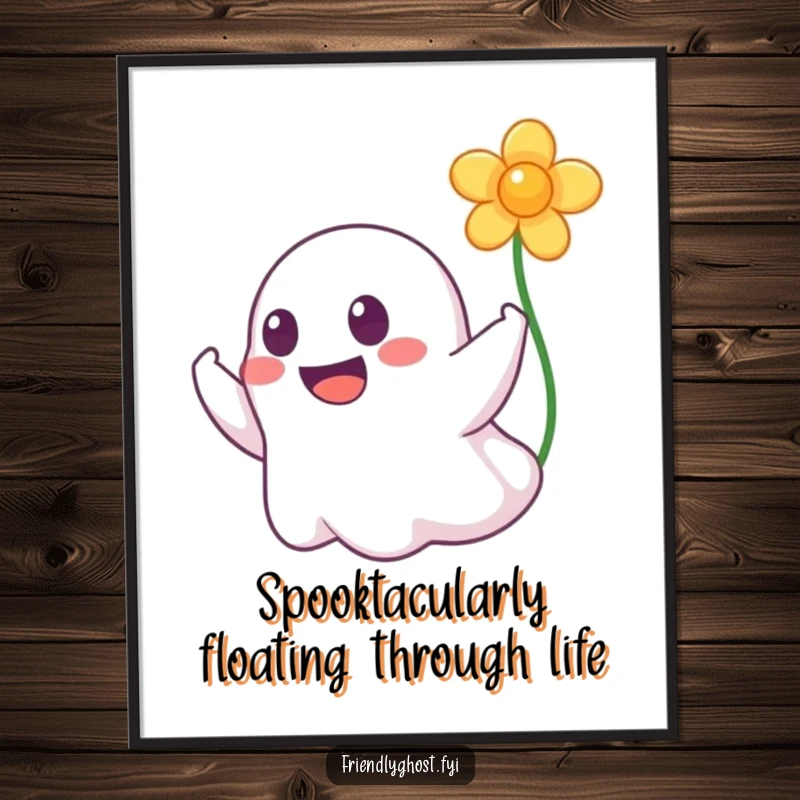 Funny Free Printable Wall Art: A happy ghost with a wide grin boops a floating flower, creating whimsical decor. Halloween art.