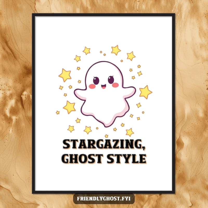 Funny Free Printable Wall Art: A happy ghost character floating serenely through an enchanting expanse of twinkling stars.