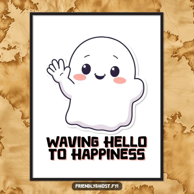 Funny Free Printable Wall Art of a kawaii ghost character waving enthusiastically with a translucent hand.
