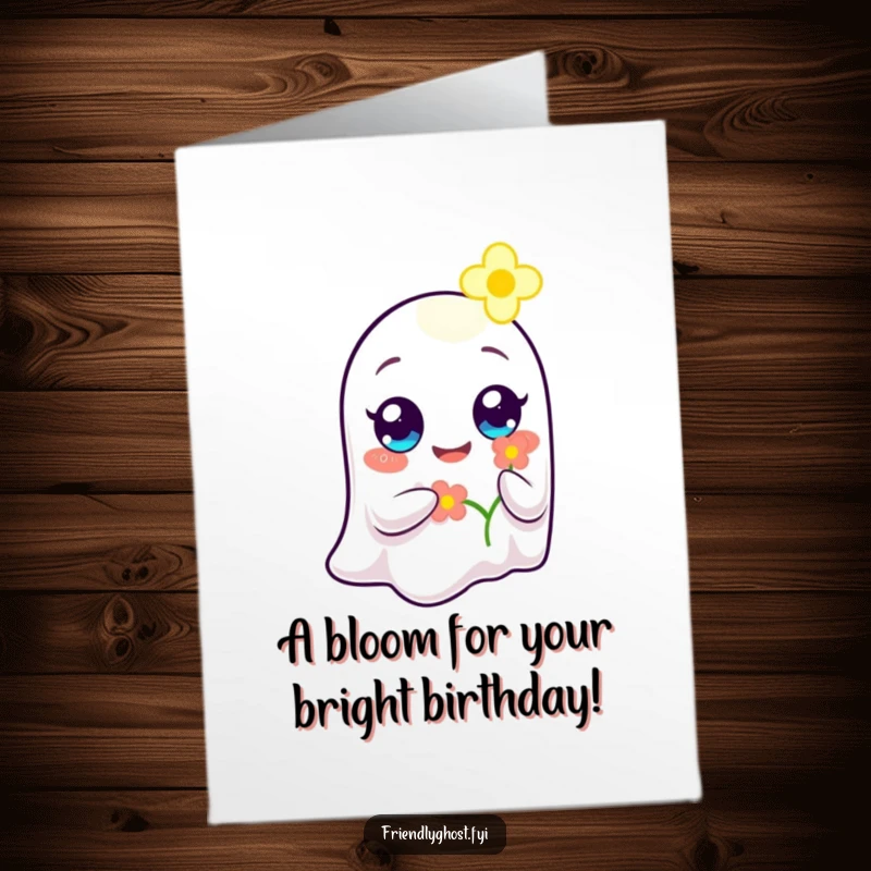 Sweet free printable birthday card: Ghost with wide, happy eyes offering a glowing flower, conveying warm wishes.