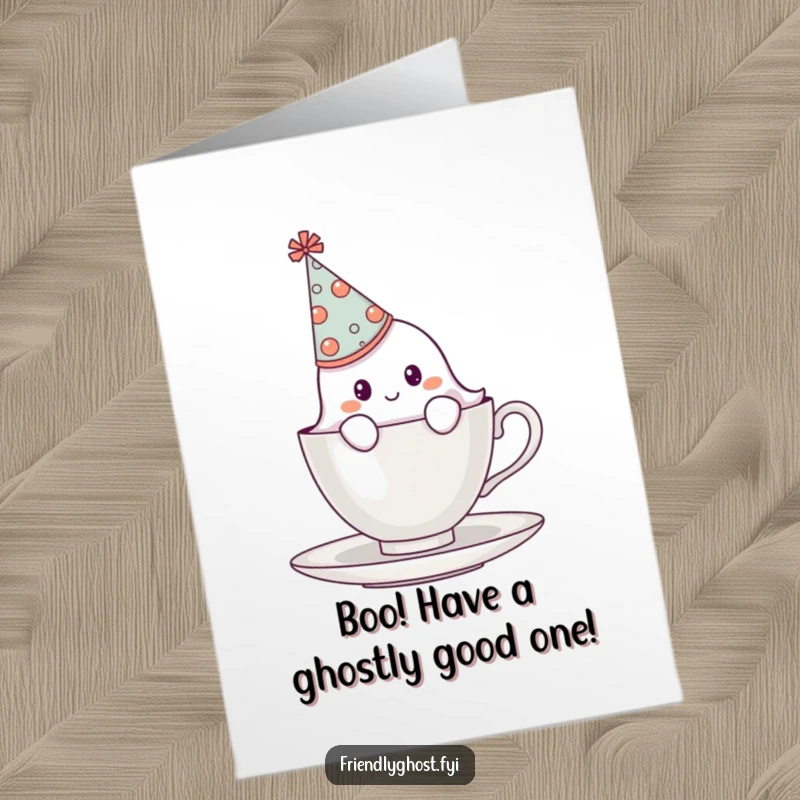 Funny Free Printable Birthday Card: Shy ghost in oversized hat peeking from teacup, a charming and giggle-worthy greeting.