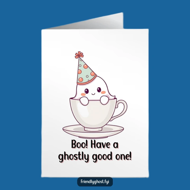 Free Printable Birthday Card: Shy Ghost Teacup Surprise Funny Downloadable Gift