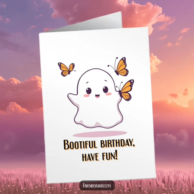 Funny Free Printable Birthday Card: A ghost looks shocked as a butterfly lands gently on its head.