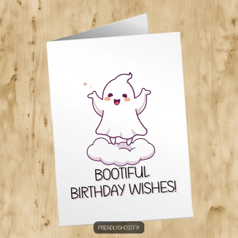 Funny Free Printable Birthday Card: Ghost doing a happy little jig on a cloud, celebrating joyfully.