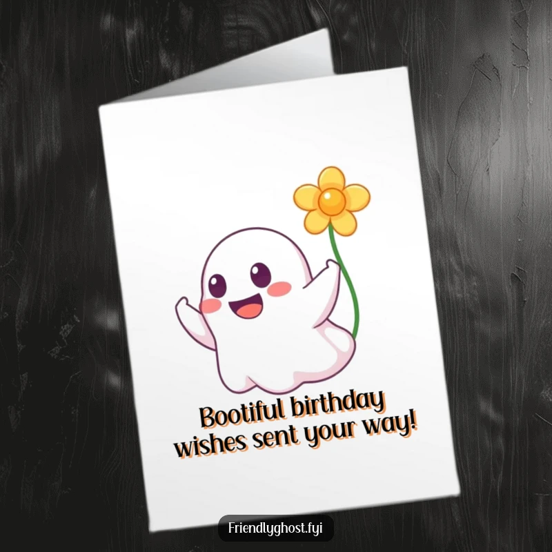 Funny Free Printable Birthday Card: A grinning ghost playfully boops a floating flower, spreading birthday cheer. DIY gift idea.