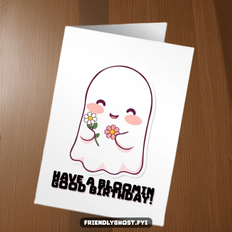 Funny Free Printable Birthday Card: A happy ghost character blushing pink, tenderly holding a small, delicate flower.