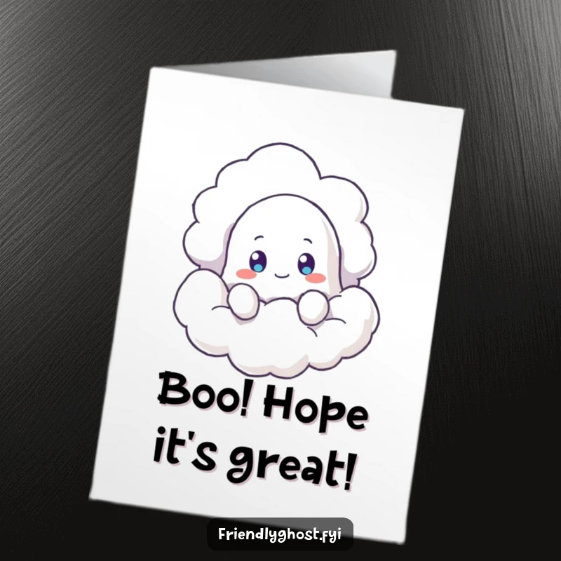 Funny Free Printable Birthday Card: Ghost peeking from cloud, curious expression, perfect for a downloadable DIY gift.