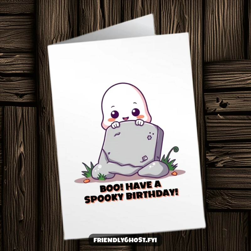 Funny Free Printable Birthday Card: A cute ghost playfully peeking over a tombstone, perfect for a humorous birthday greeting.
