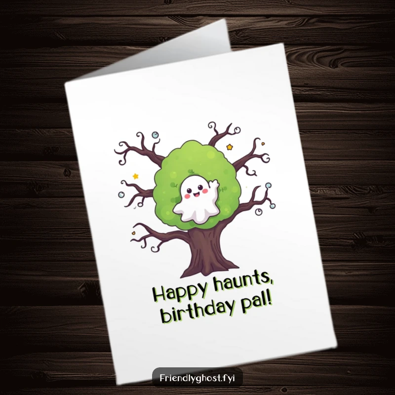 Funny Free Printable Birthday Card featuring a friendly ghost waving goodbye from a spooky tree, offering a warm and humorous birthday wish.