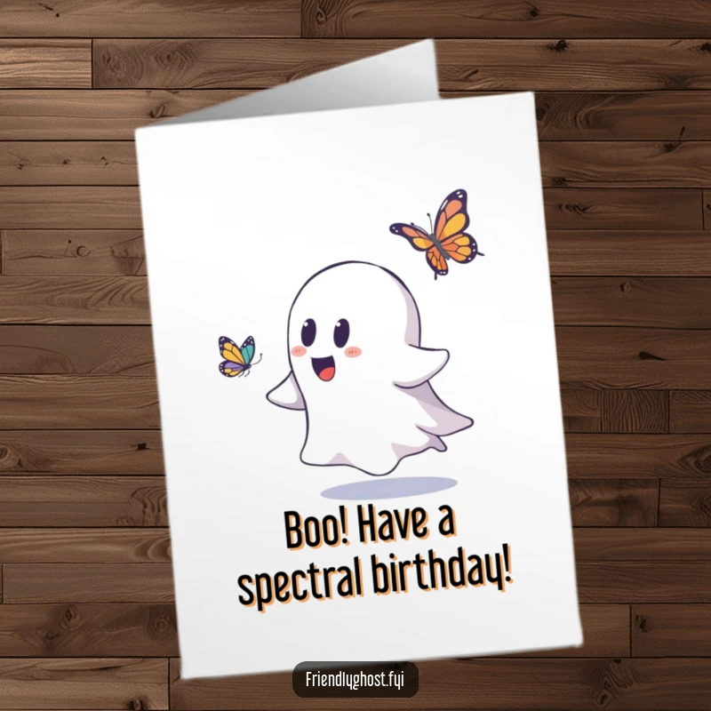 Funny Free Printable Birthday Card: Playful ghost character with big eyes excitedly chases a whimsical fluttering butterfly, ready for a birthday surprise.