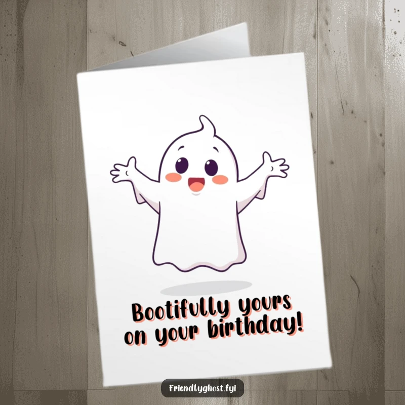 Funny free printable birthday card featuring a playful ghost doing a silly dance with arms outstretched, ready to party.