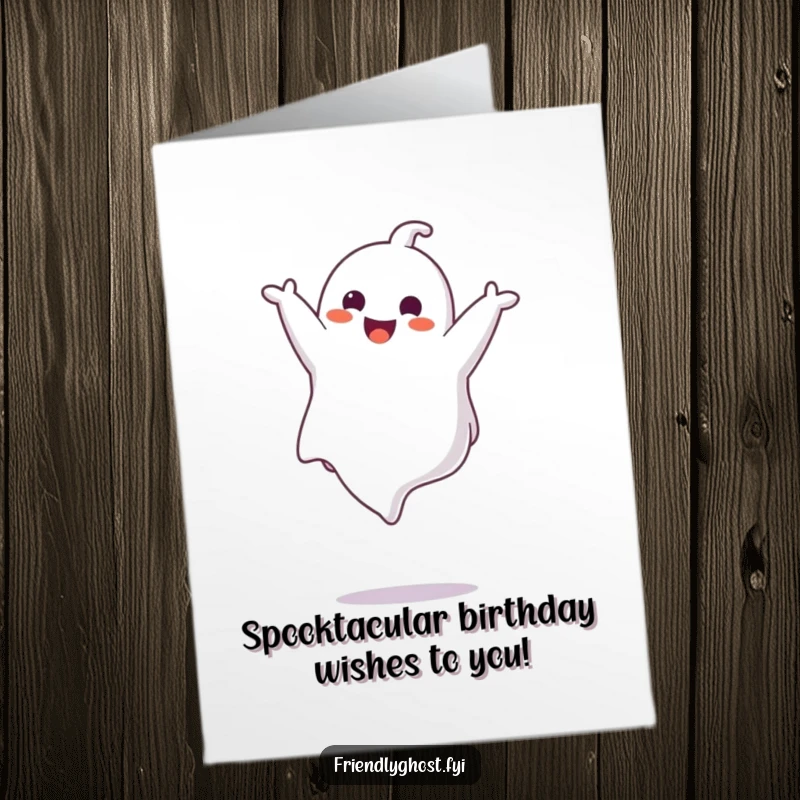 Funny Free Printable Birthday Card: Joyful ghost doing a gentle somersault, perfect for a lighthearted celebration.
