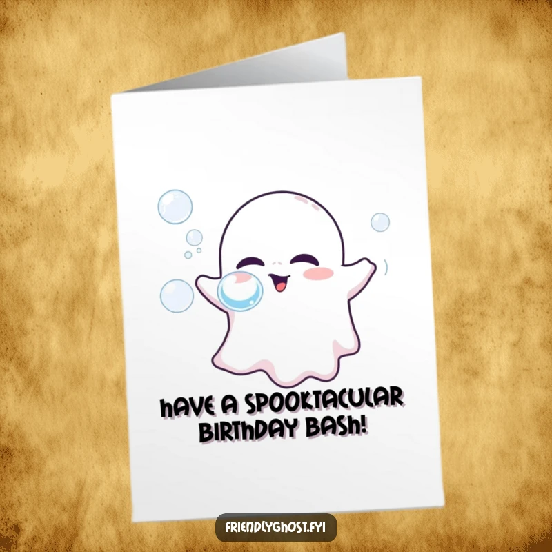 Funny Free Printable Birthday Card: A cute, friendly ghost playfully blows iridescent bubbles from its smiling mouth, spreading cheer.