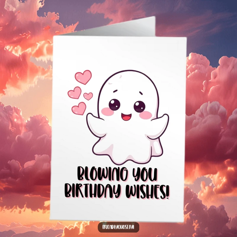 Funny Free Printable Birthday Card: Cheerful ghost blowing heart-shaped bubbles, spreading love and joy.
