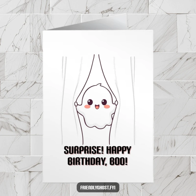 Funny Free Printable Birthday Card: A cheerful ghost character with wide eyes playfully peeks from behind a sparkly curtain, ready to surprise, print at home.