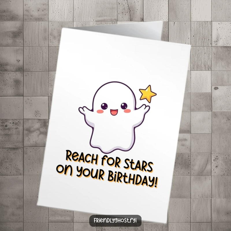 Funny Free Printable Birthday Card: Friendly ghost extending hand to a tiny flickering star, perfect for a whimsical wish.