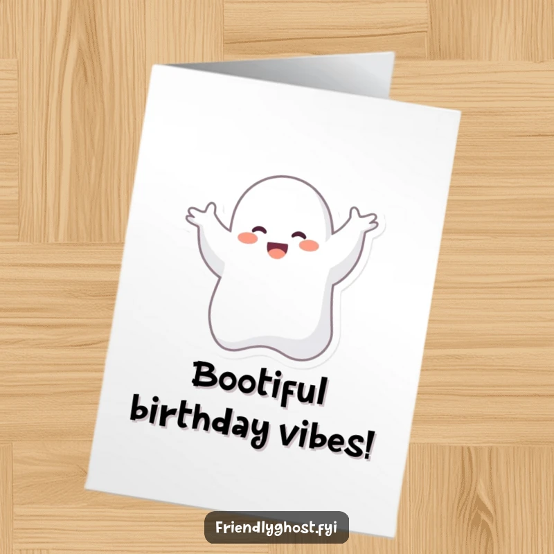 Funny Free Printable Birthday Card: Giggling ghost character joyfully dancing in mid-air with a silly wiggle.