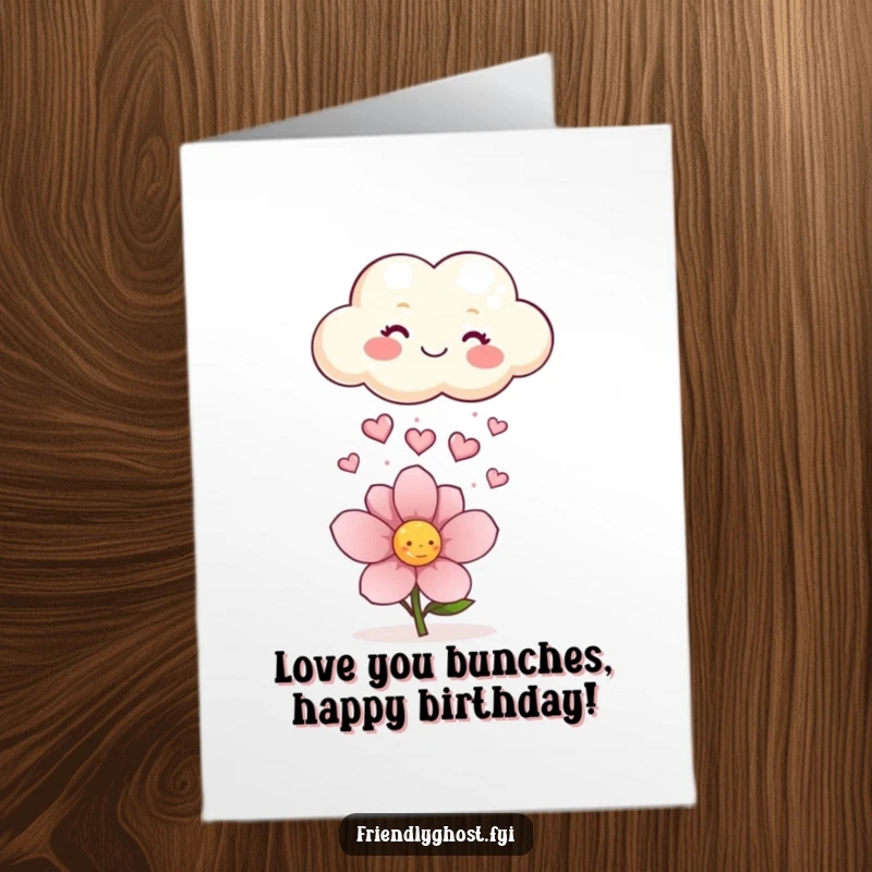 Funny Free Printable Birthday Card: A joyful cloud sprinkles tiny, shimmering hearts onto a blooming flower