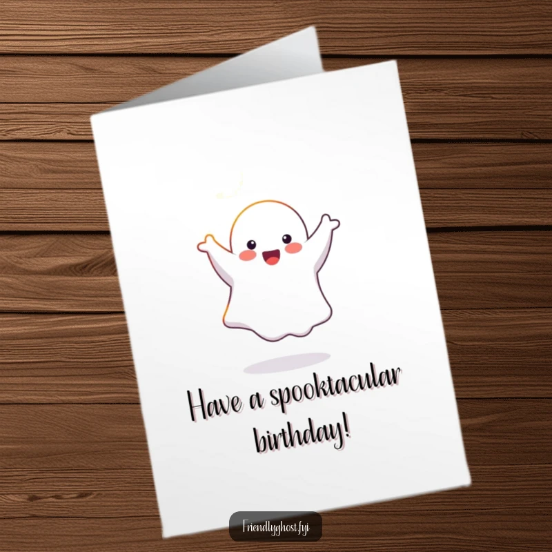 Funny Free Printable Birthday Card: A happy ghost doing a cartwheel in a bright sunbeam, full of energy.