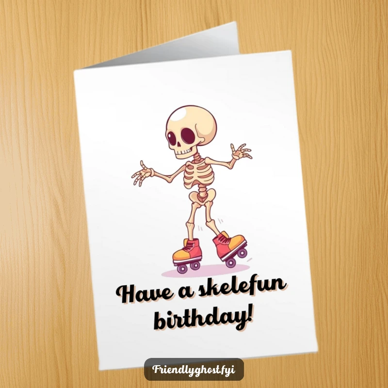 Funny Free Printable Birthday Card: Clumsy skeleton limb on roller skates wobbling precariously, a hilarious birthday wish.