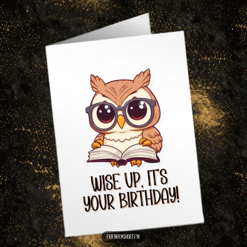 Funny Free Printable Birthday Card: Curious owl with oversized spectacles reading a floating book, celebrating.